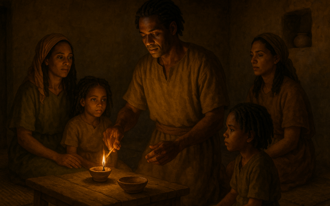 Ancient Near Eastern family gathered at twilight while an adult Israelite man lights the Nerot (Sabbath lights) in a clay lamp; family listens reverently in an earth-toned home setting.