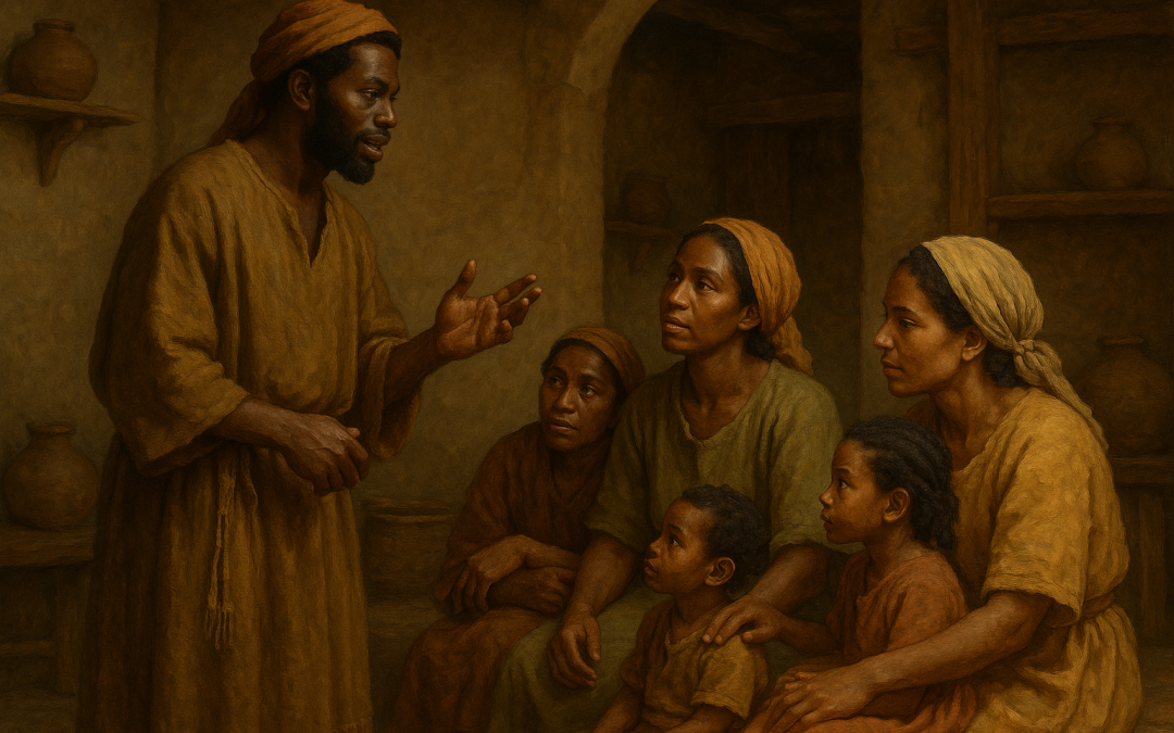 Ancient Near Eastern family receiving Torah instruction from an adult Israelite man in earth-toned linen garments, showing mixed-age listeners in a courtyard setting.