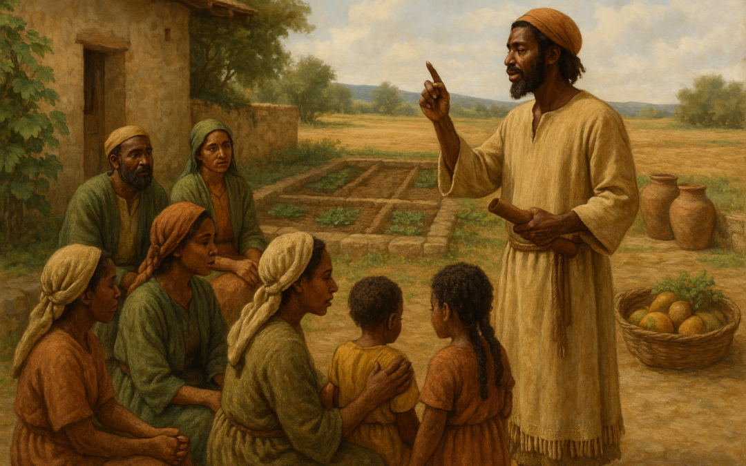Ancient Israelite man teaching a family and neighbors about Shemitah beside a garden with fallow beds and stored produce; dark-skinned, earth-toned garments, mixed group listening reverently.
