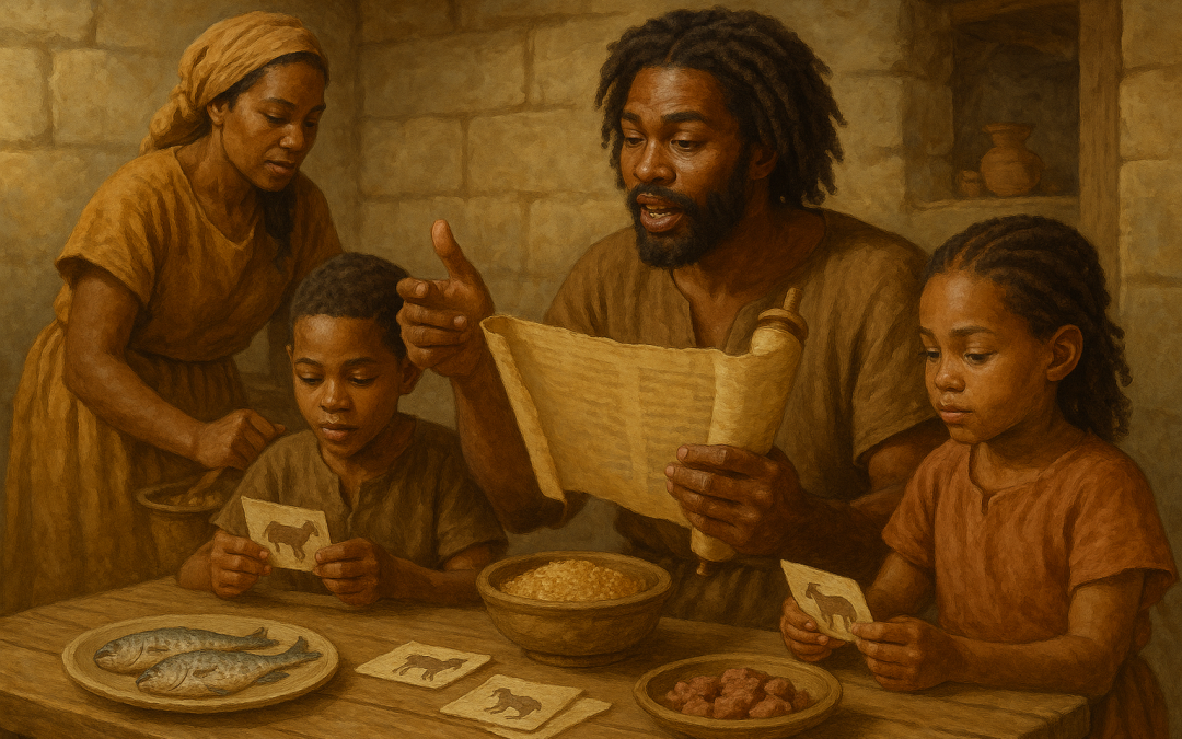Ancient Israelite father teaching the household about clean animals at a table while mother prepares food and sons and daughters learn.