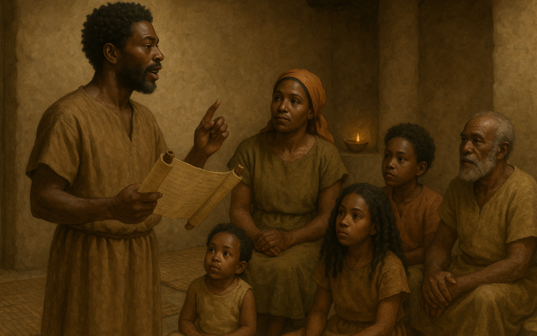 Israelite father teaching household sons and daughters with mother and elder present in an ancient Near Eastern home, earth-tone garments, scroll in hand.