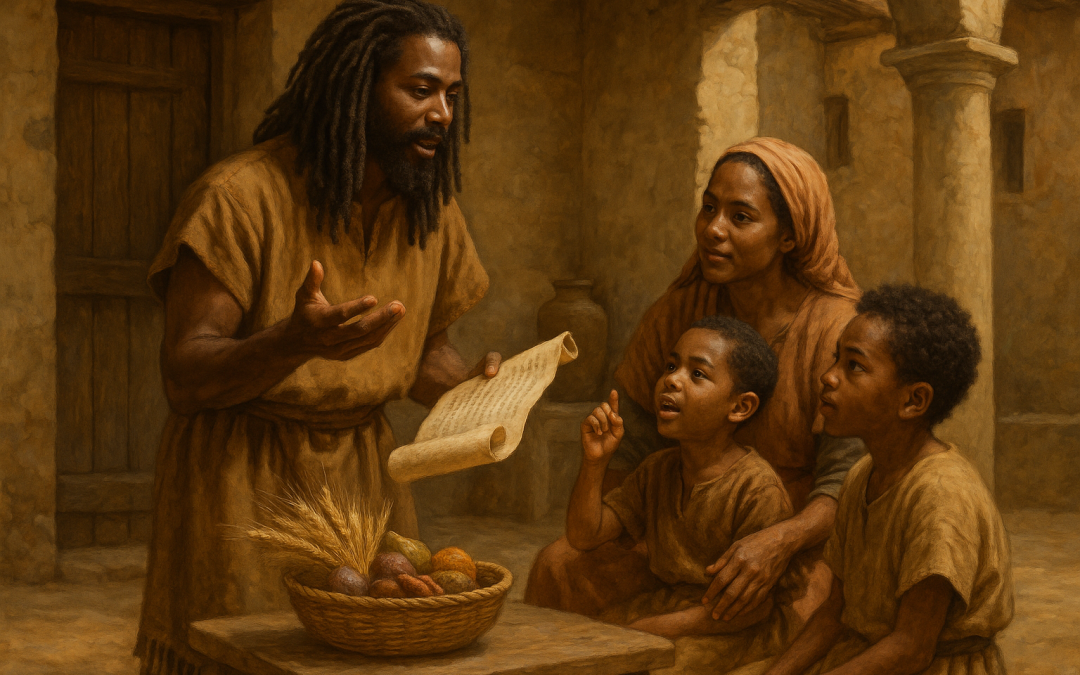 Adult Israelite father teaching household, presenting a basket of firstfruits while sons repeat a declaration, earth-tone ancient Near Eastern setting.